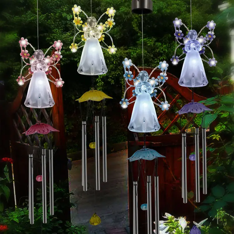 Lampe LED solaire décorative de jardin avec carillons éoliens d'ange en cristal, chemin de charge automatique, éclairage de paysage, cimetière