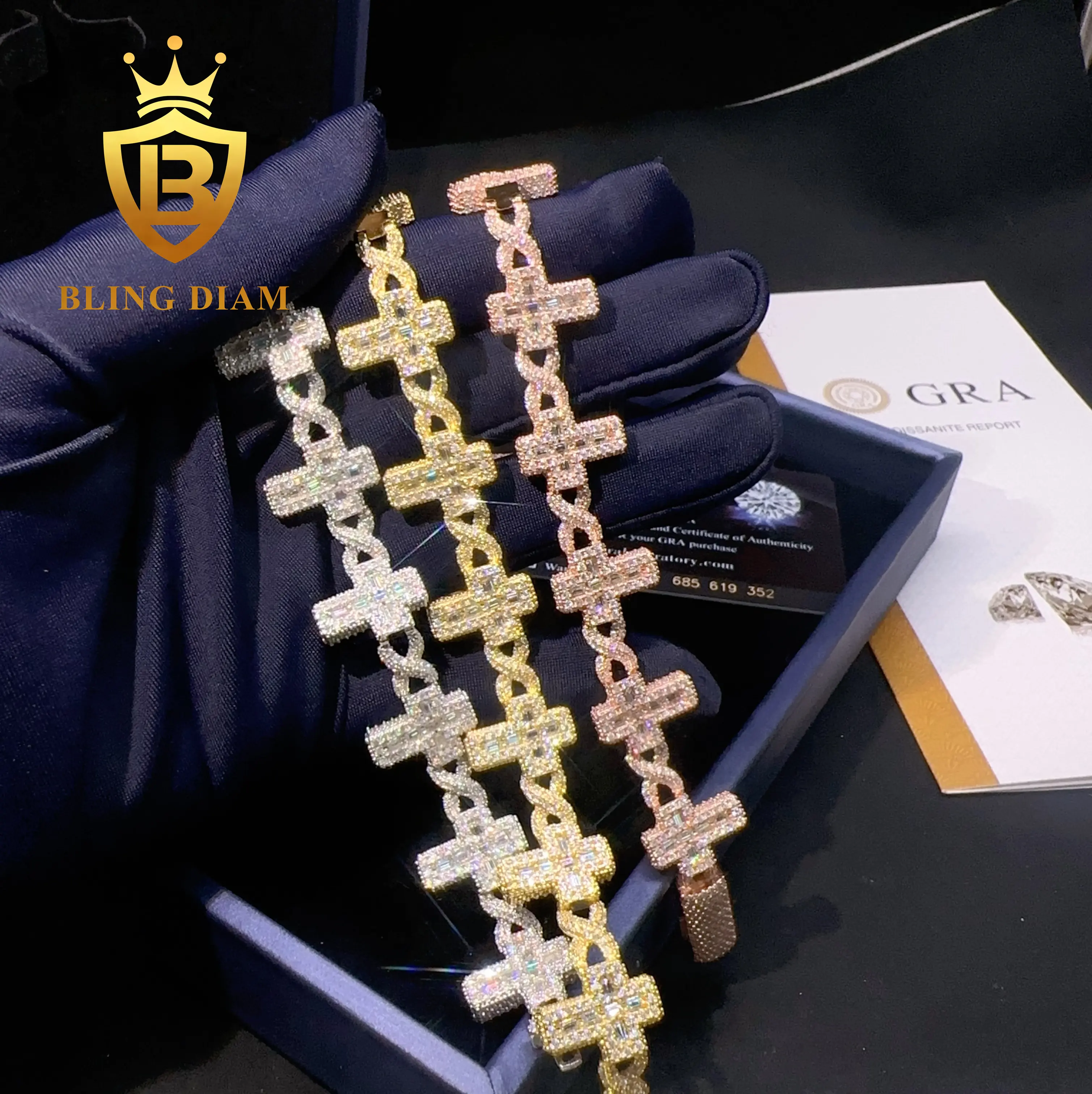 Nuovo braccialetto Hiphop personalizzato Sterling 925 Silver Cross Design Baguette Moissanite Diamond Ice out Cuban link bracciale a catena