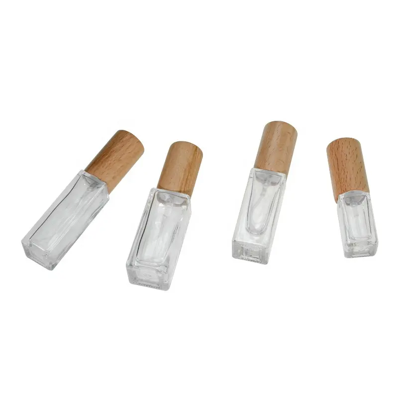 Sampel mewah botol kecil kosong persegi buram bening 3ml 5ml 10ml 20ml botol semprot perak parfum kaca dengan tutup kayu