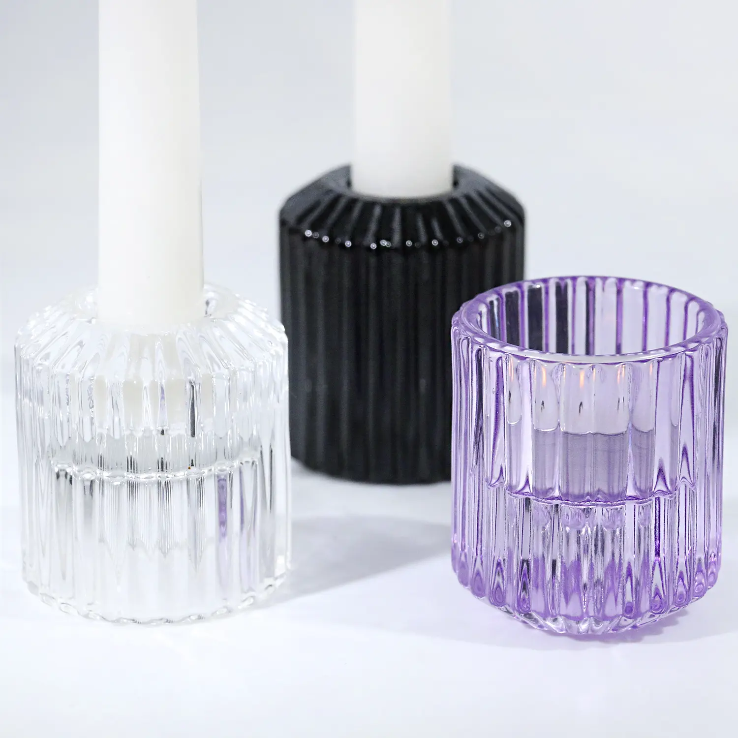 Glass ribbed candlestick holder empty candle jars 2-in-1 tea light candle holder for home dinner/wedding decoration