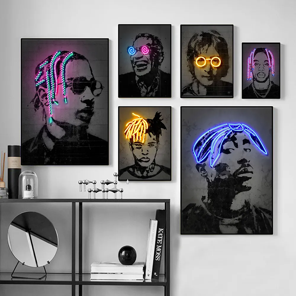 Telas com pintura moderna de neon street, imagem de grafite para música, estrela, rap, hip hop, rapper, arte de parede