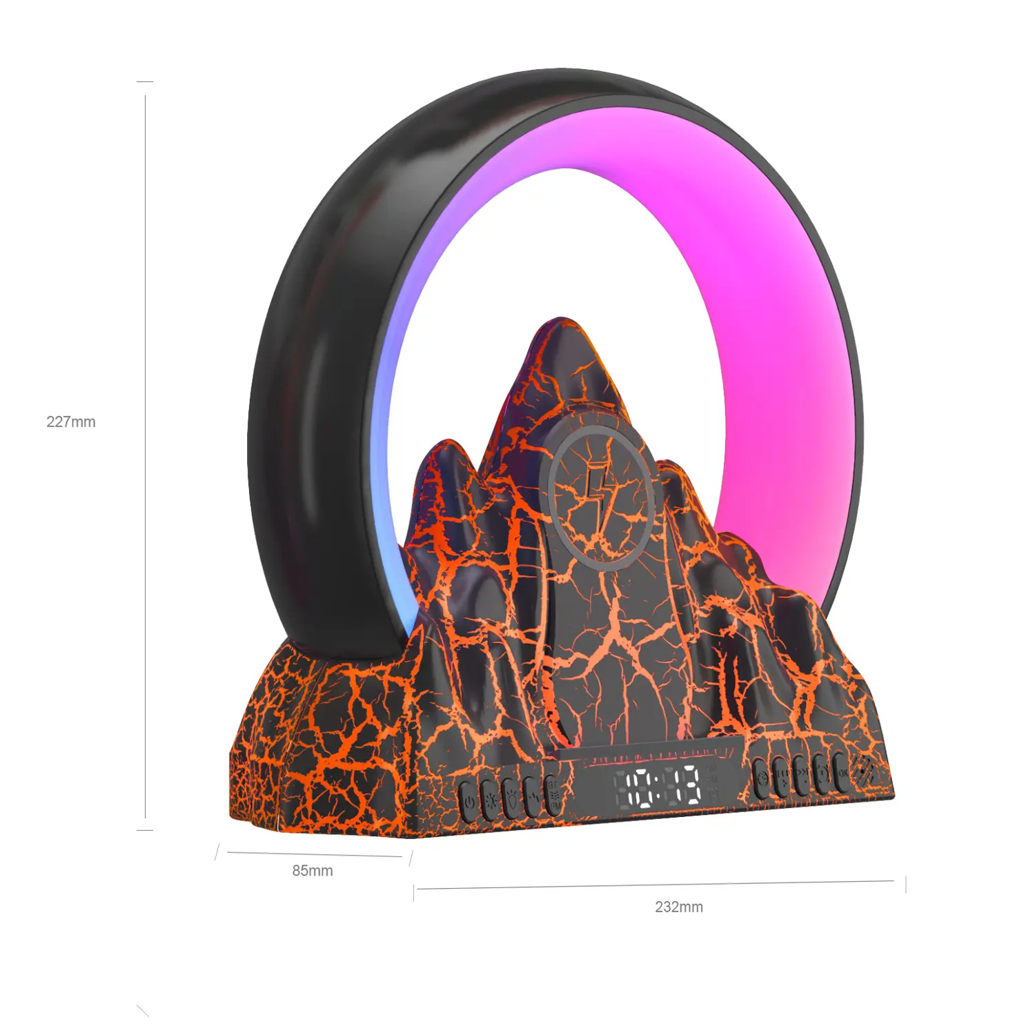 2024新製品目覚まし時計多機能火山亀裂効果家の装飾アプリコントロールRGBBTスピーカーワイヤレス充電器15W