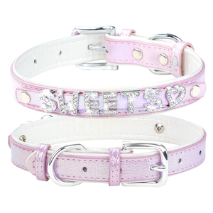 Großhandel Luxus Mikro faser Haustier Hund Name Halsband Anpassbare DIY mit Juwelen Dekoration Solid Pattern PU Material Niet Feature - Product Image 4