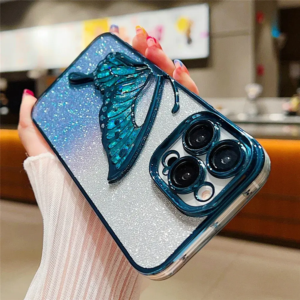 Lüks kaplama silikon temizle Glitter rüya kelebek iPhone için kılıf 15 14 13 12 Pro Max darbeye Lens koruyucu telefon kapağı