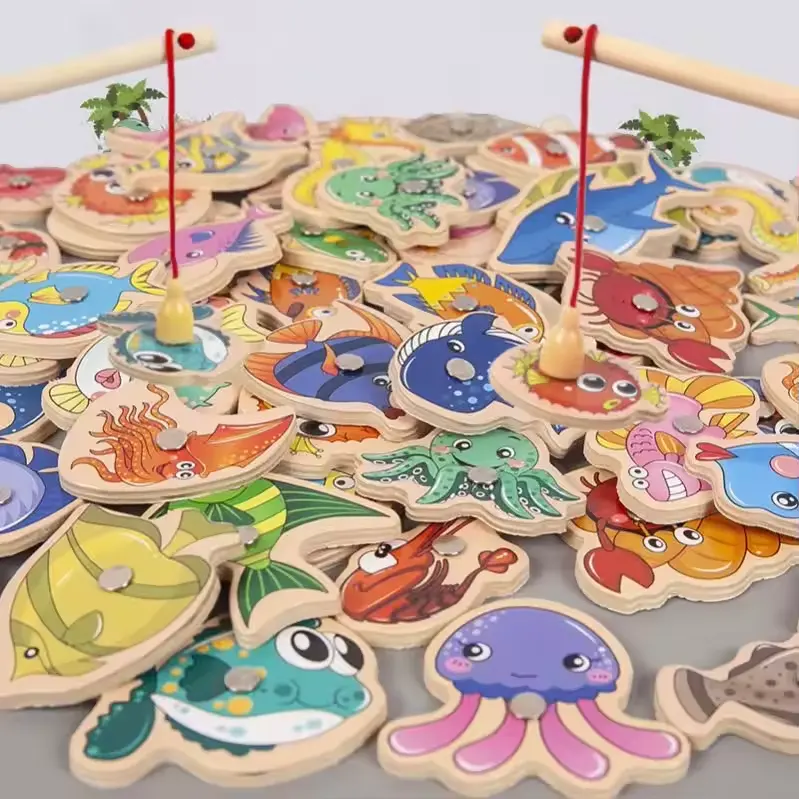 ألعاب صيد السمك المغناطيسية الخشبية مونتيسوري للأطفال، ألعاب تعليمية تفاعلية بين الوالدين والطفل تعكس حياة الأسماك البحرية الكرتونية
