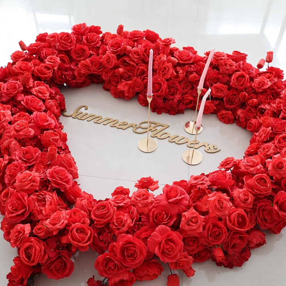 Chemin de fleurs rouges en soie, décoration pour table de mariage, roses artificielles