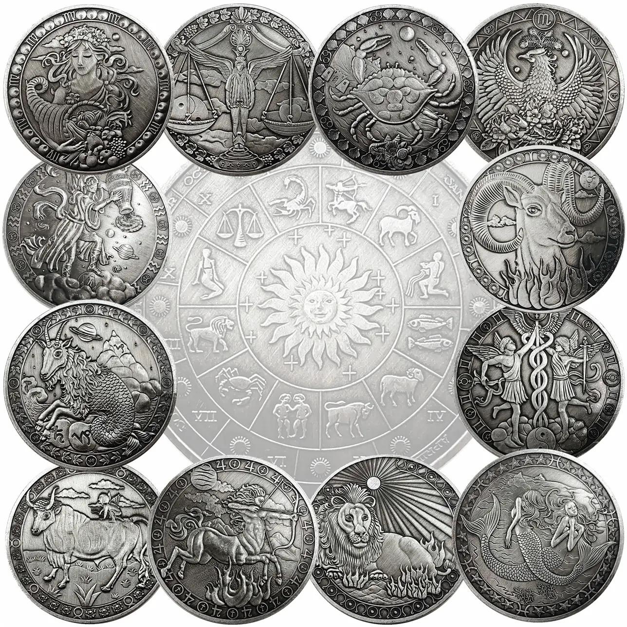 गर्म बिक्री अमेरिकी प्राचीन चुनौती सिक्का पदक 12 नक्षत्र सेट उभरा प्राचीन चांदी मढ़वाया संग्रहणीय सिक्के