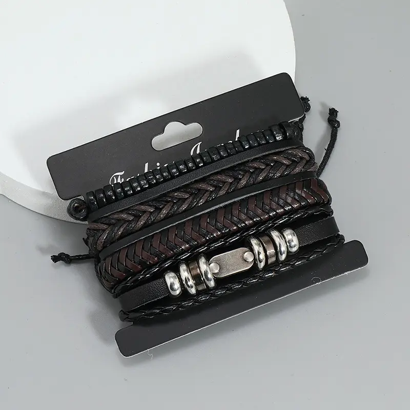 4 pièces/ensemble en gros en cuir tressé hommes Bracelet corde réglable manchette Bracelet bijoux plaqué noir