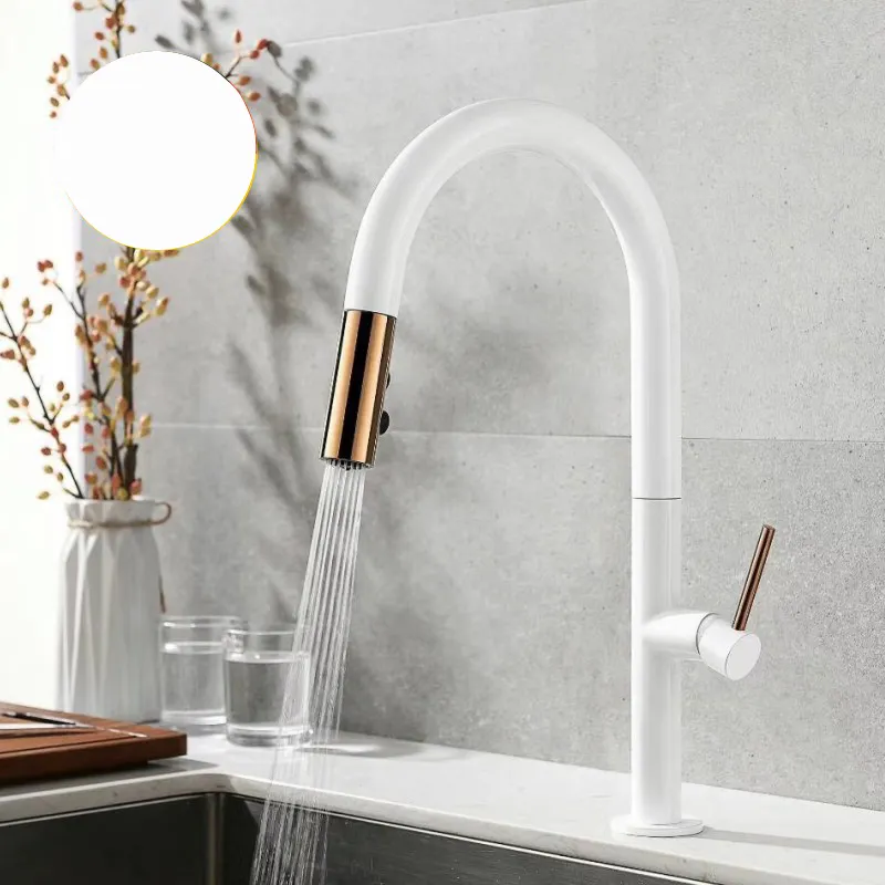 New Design White and Gold Pull Out Kitchen Mixer Sink Faucet