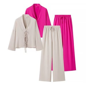 2 Colorwayロングスリーブvネックフロントレースアップブラウストップスドローストリングウエストロングパンツカジュアルファッション女性2ピースセット - Product Image 1