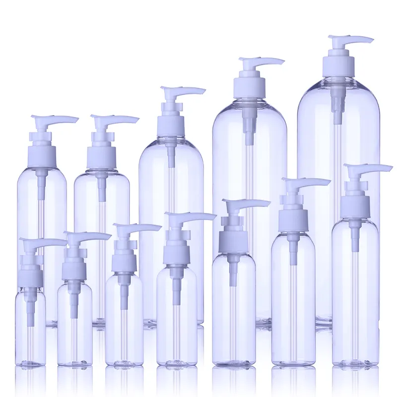 Yıkama el dezenfektanı boş şeffaf emülsiyon yuvarlak şişe şampuan kozmetik pompa losyon pet plastik şişe