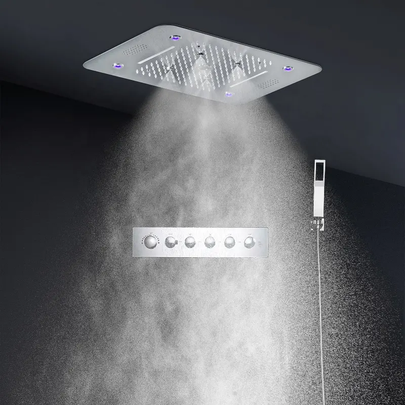 Pomme de douche moderne à 5 fonctions, pommeau de douche LED monté au plafond système de robinet de douche de bain thermostatique ensemble de douche de salle de bain