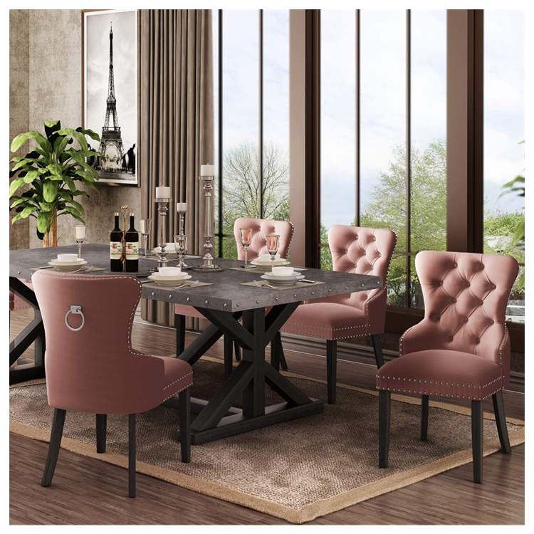European luxury upholstered restaurant dinning chairs solid wood frame foot grey tufted velvet fabric dining chair