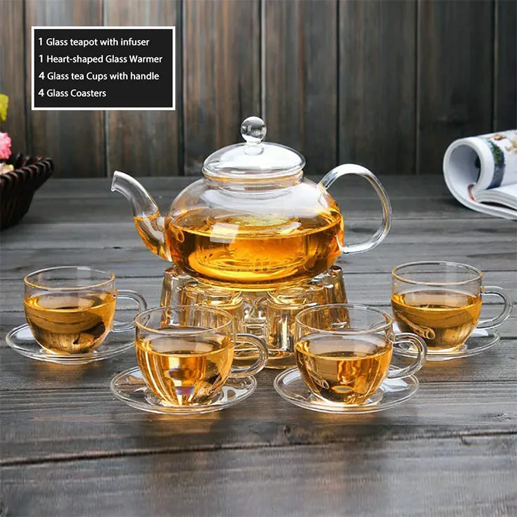 Bollitore in borosilicato all'ingrosso set di tazze da tè in vetro trasparente set di teiere in vetro per teiera con infusore warmer