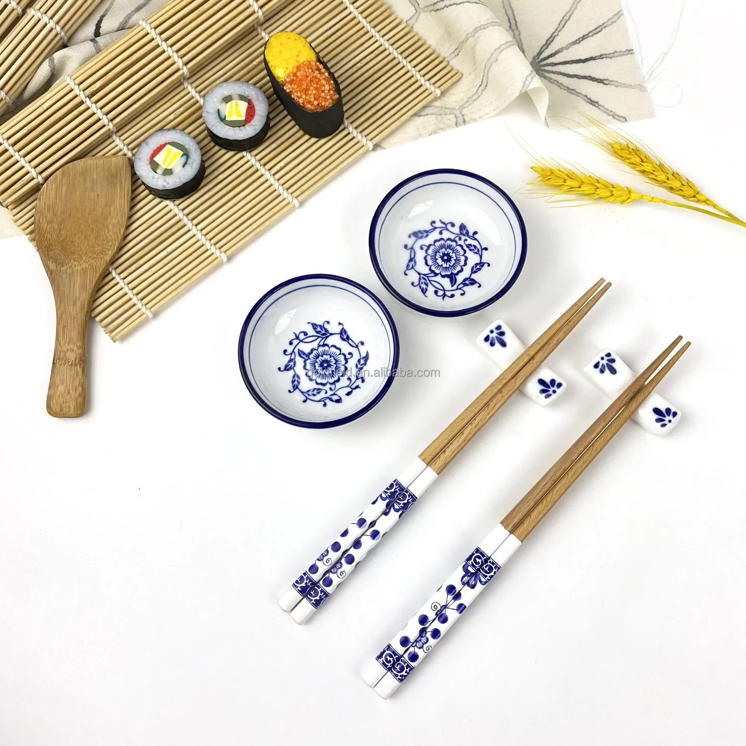 Kit de sushi caseiro 9 peças, espátula de arroz fosca de bambu, pauzinhos de madeira, prato de cerâmica, padrão branco e azul