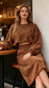 Phụ Nữ Hai Mảnh Nâu Nhung Bộ Cắt Đầu Và Cao Eo Midi Váy, Trang Phục Mùa Đông - Product Image 2