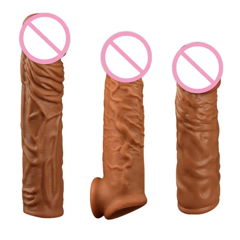 Kondom Pembesar Penis Pria, Dildo Realistis Extender Pembesar Penis Kondom Dapat Digunakan Kembali dengan Cincin Pengunci Penunda Ejakulasi