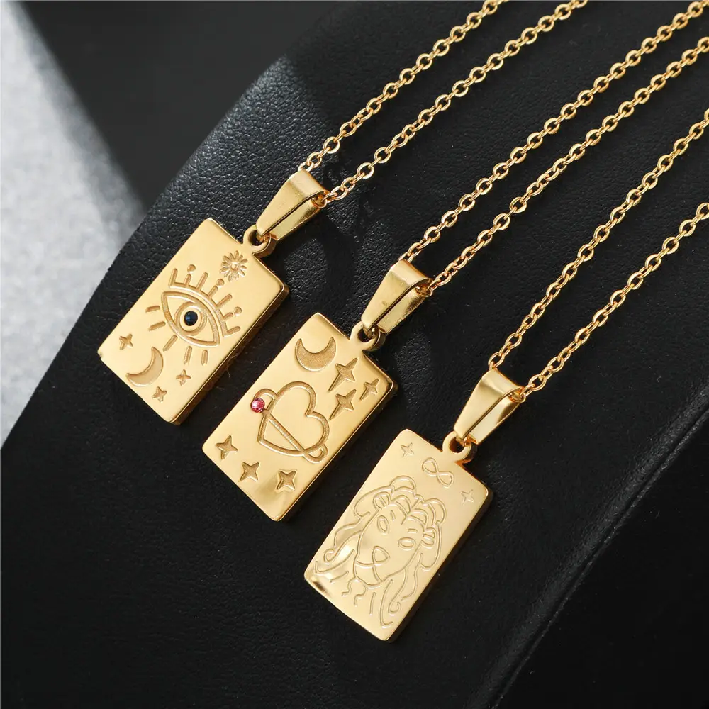 Women accessories jewelry 18k gold plated 316l stainless steel pendant moon and star evil eye lion tarot card necklace