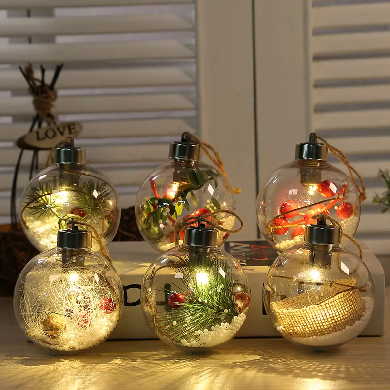 Luz de led para decoração de árvore de natal, pingente de bola redonda de plástico transparente com mini lâmpada para festa, casamento, halloween