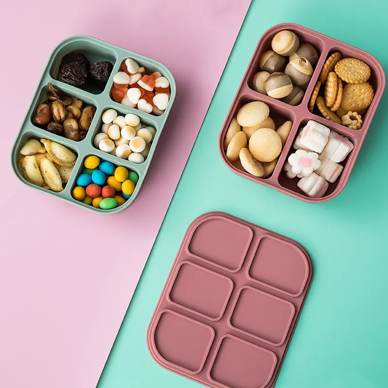 Caja de aperitivos de silicona reutilizable sin BPA para niños, contenedor de almacenamiento de alimentos para bebés con tapa, seguro para microondas