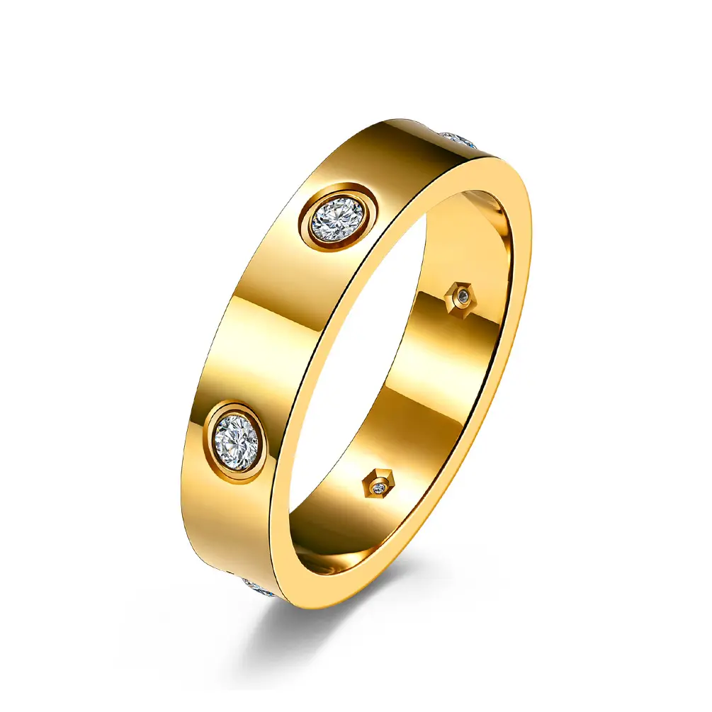 Klassieke Mode Roestvrij Staal Goud Diamanten Ringen 4.5Mm 6Mm Brede Ring 6 Diamanten Sieraden Ring