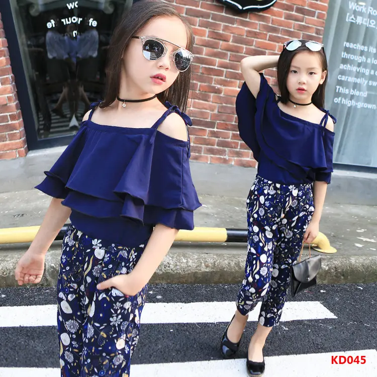 Moda Verão Menina Roupas 3-12 Anos 2Pcs Conjunto de Roupas Infantis Meninas Crianças Plissado Off Ombro Topos + Calças Florais