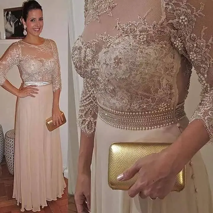 Vestidos de baile para dama de honra, decote com pérolas cor champanhe, transparente, para festa de baile, cor 3/4