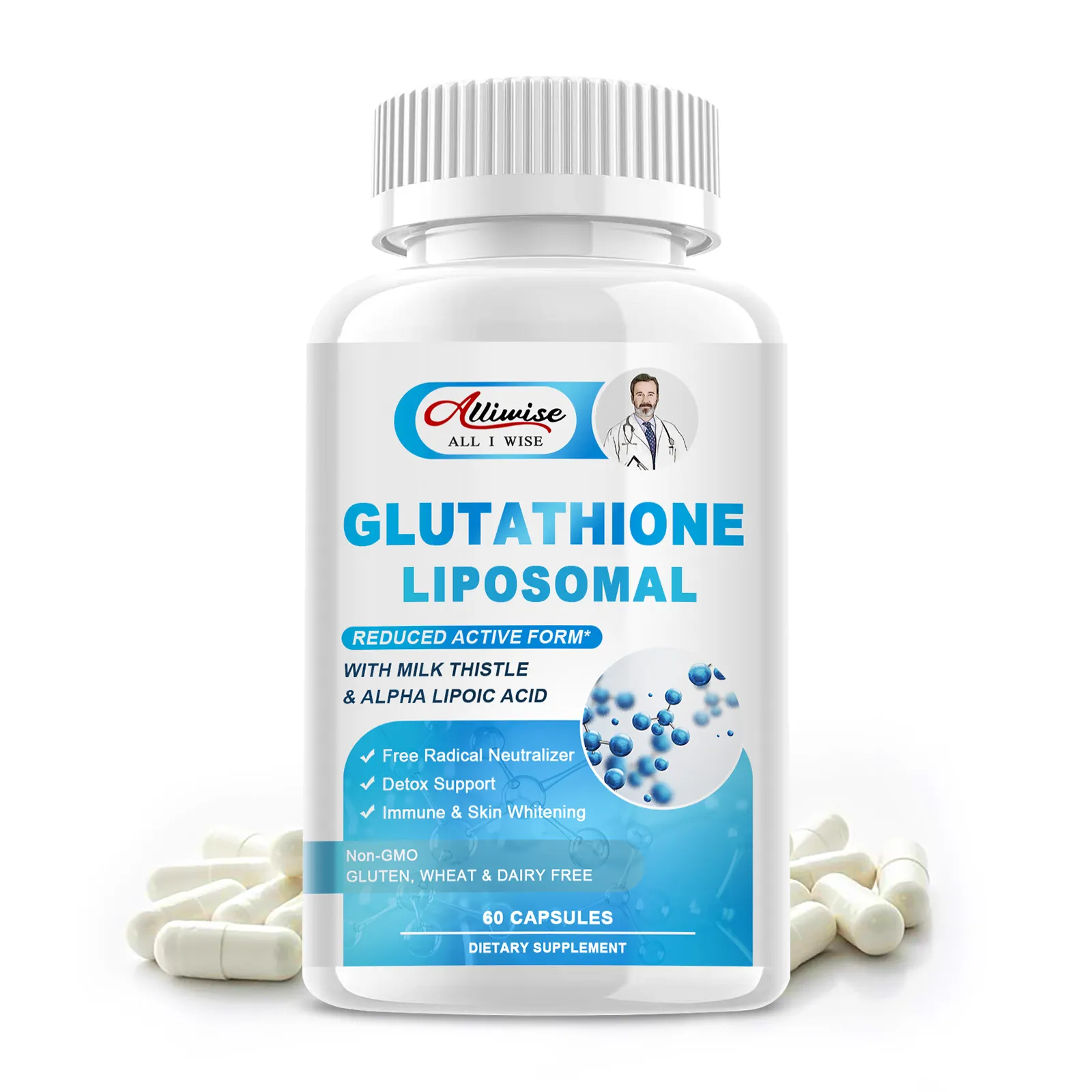 Nutrition Naturelle 1000mg Glutathion 60pcs Capsules Blanchiment de la Peau Pilules de Soutien de la Fonction Immunitaire