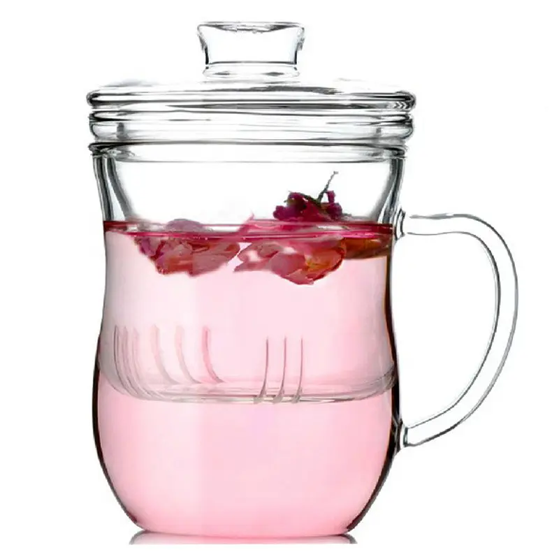 new design handmade wholesale price 350ml borosilicate glass tea cup with infuser and lid