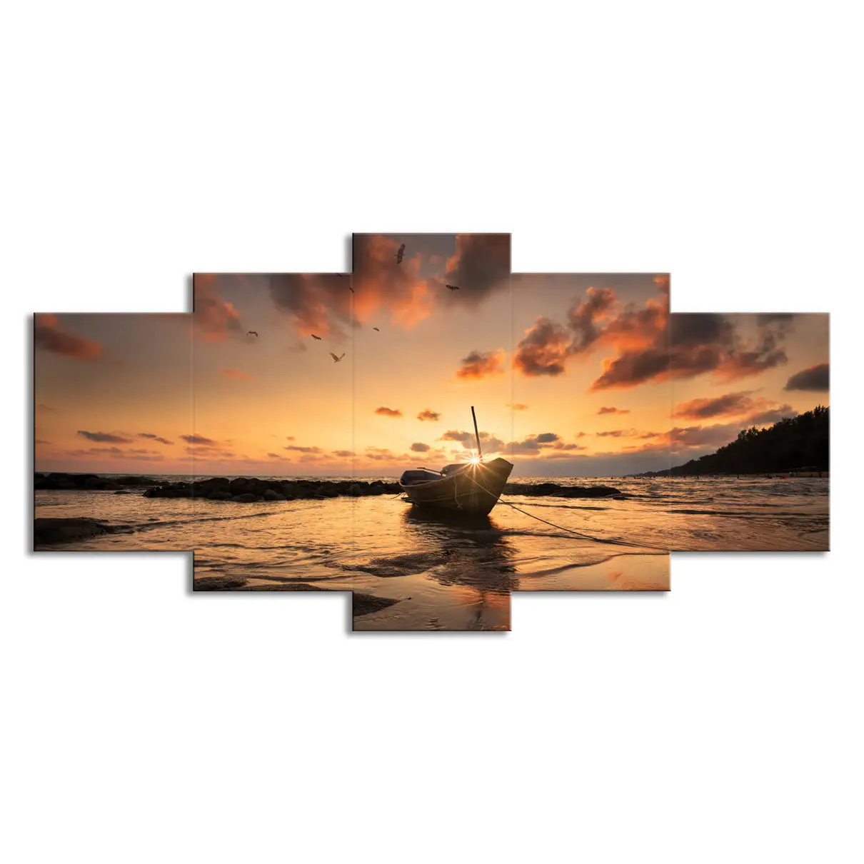 Pôster moderno em tela para decoração de paredes de sala de estar, com vista para o mar e pôr do sol, desenho de barco, desenho animado