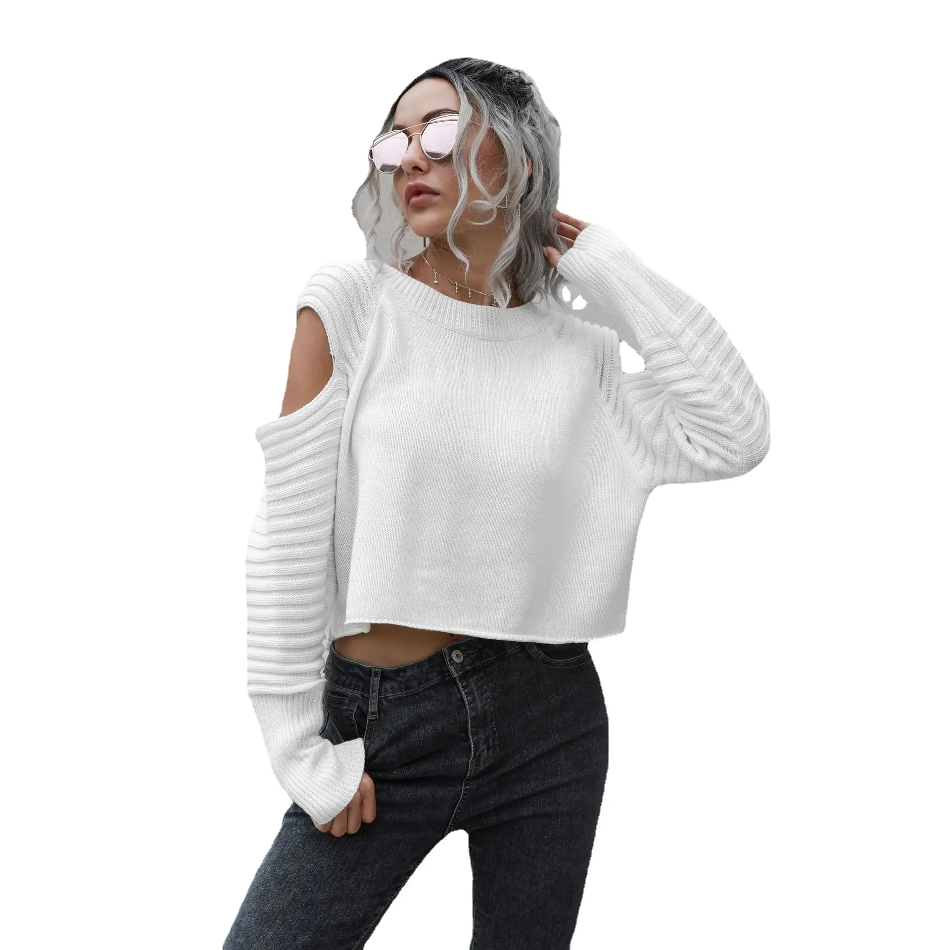 Suéteres cortos de Color blanco y negro con hombros descubiertos para mujer, blusa bordada de diseño, suéter de punto Suelto