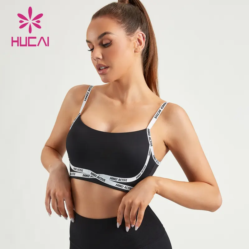 HUCAI custom logo gym wear contrast stitching Jacquard woven tape sexy u neck adjustable strappy yoga top sports bra for women