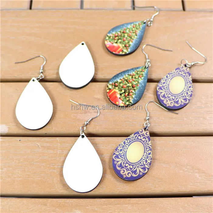 SUBMDF Heat Press MDF sublimasi kosong MDF wanita kosong anting-anting Teardrop kayu grosir dua sisi disesuaikan Opp tas kayu