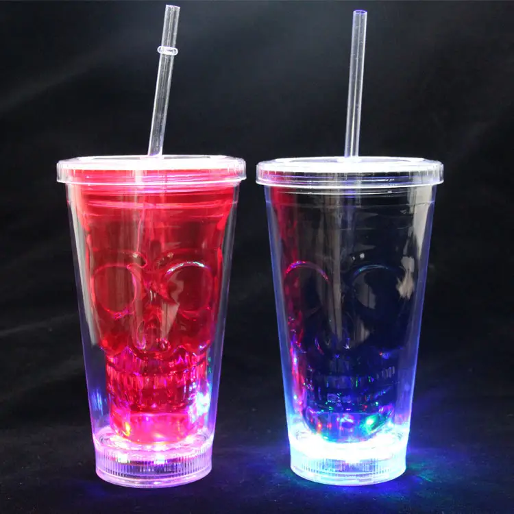 16 oz Fun Central LED Double Wall Skull Light Up Cup with Straw For Party Night Clubs Birthdays