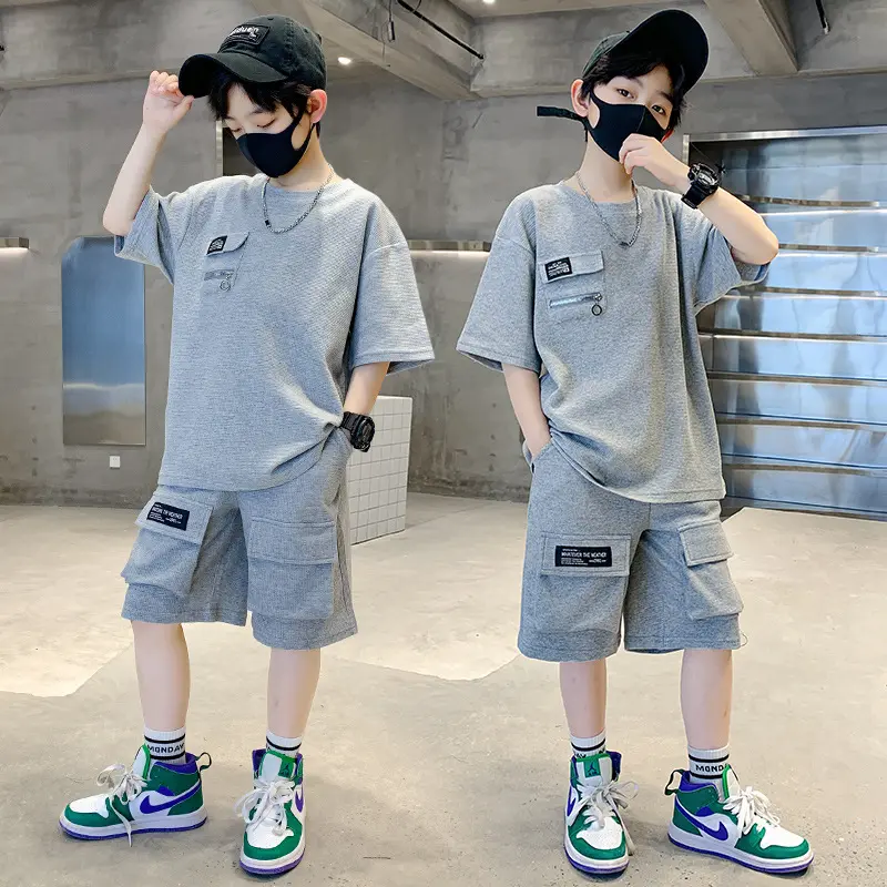 Summer Boy's Clothing Short Sleeve Cotton Kids Clothes Teen Boys Clothing Wholesale Children Clothing Sets Waffle Two-pieces Set