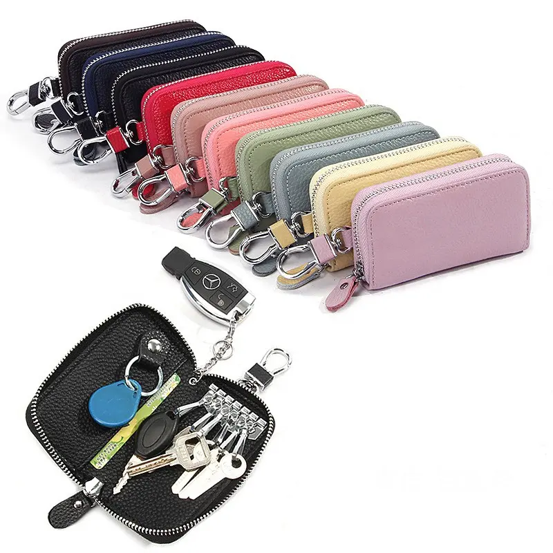 Cowhide Leather Key Case,Multi-Functional Car Key Holder Bag Key Fob Cover Portable Key Fob Smart Protector Cover with Zipper