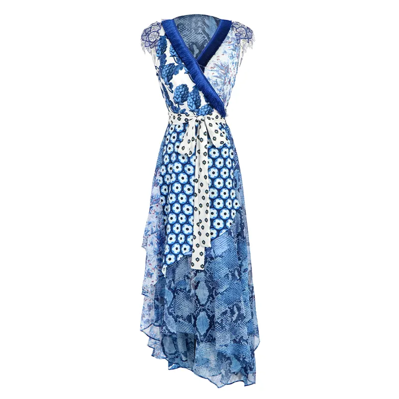 Hochwertiges, einzigartiges Quasten zubehör mit V-Ausschnitt Maxi Chiffon Asymmetrische Flügel ärmel OEM Blue Color Blended Wrap Floral Dress