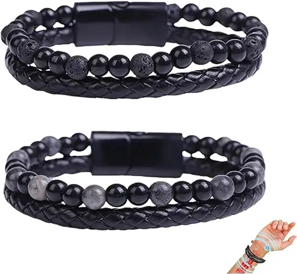 Joyería de moda Pulsera de cuentas de cuero de piedra de ágata natural Homme En Cuir Pour Homme De Couple Perles Bracelet