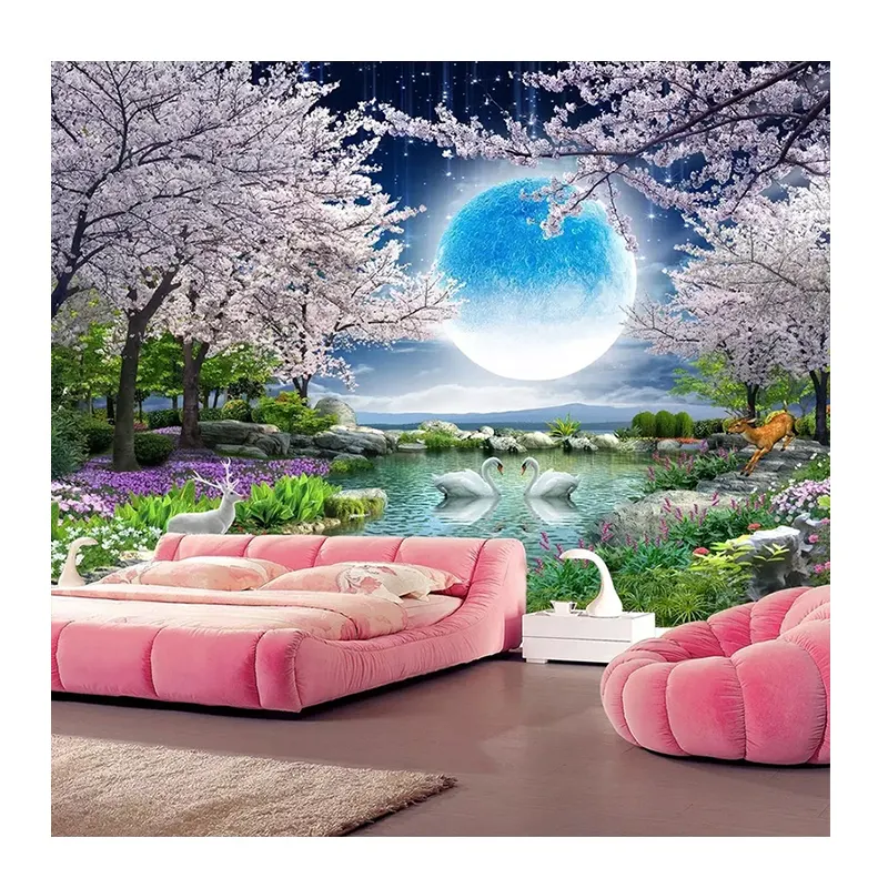 KOMNNI papier peint personnalisé lune fleur de cerisier arbre Nature paysage Mural salon chambre papier peint décor à la maison