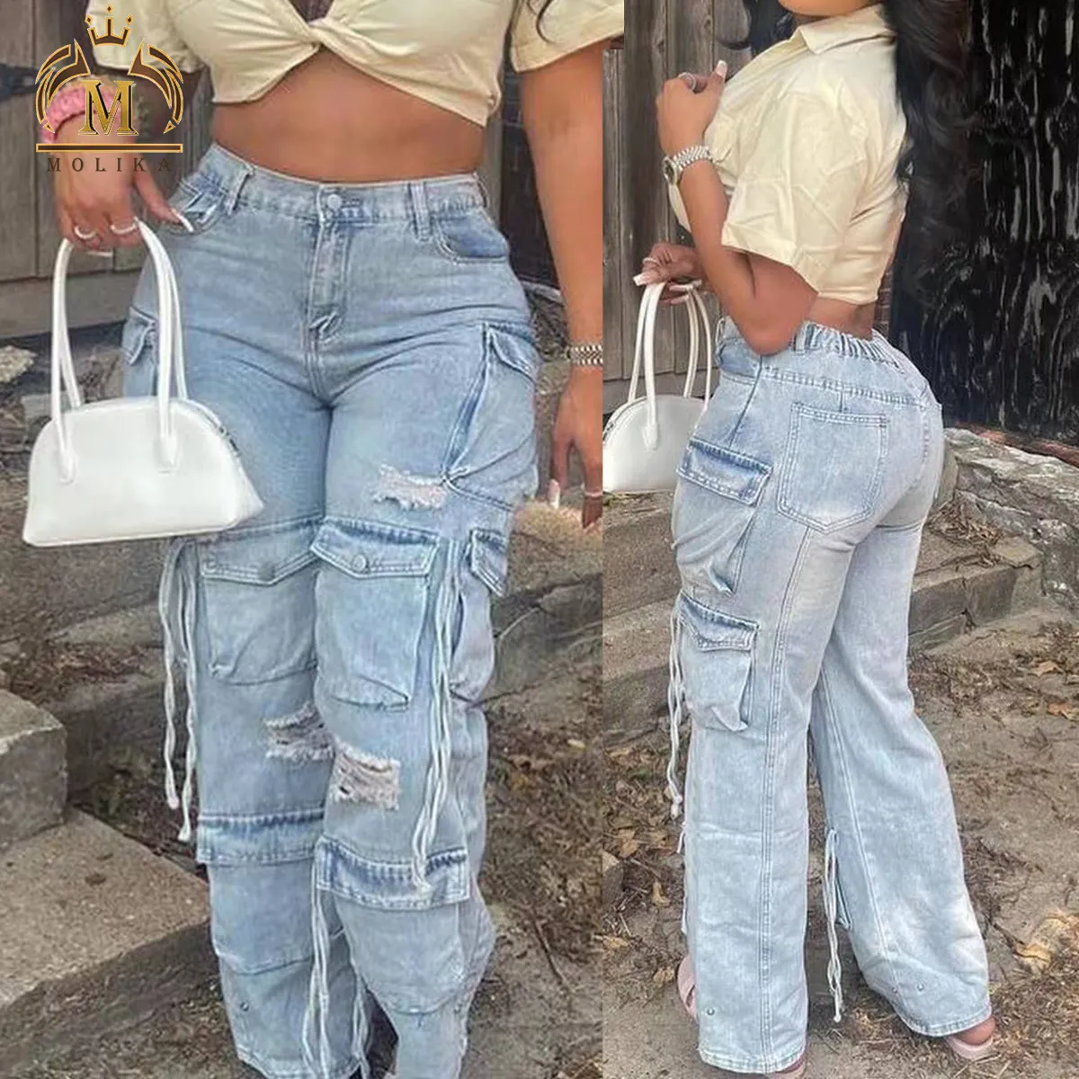 Trendy kadın moda kot yüksek sokak kadın egzersiz Denim pantolon ile cep yıkanmış rahat gevşek Denim kargo kot kadınlar için