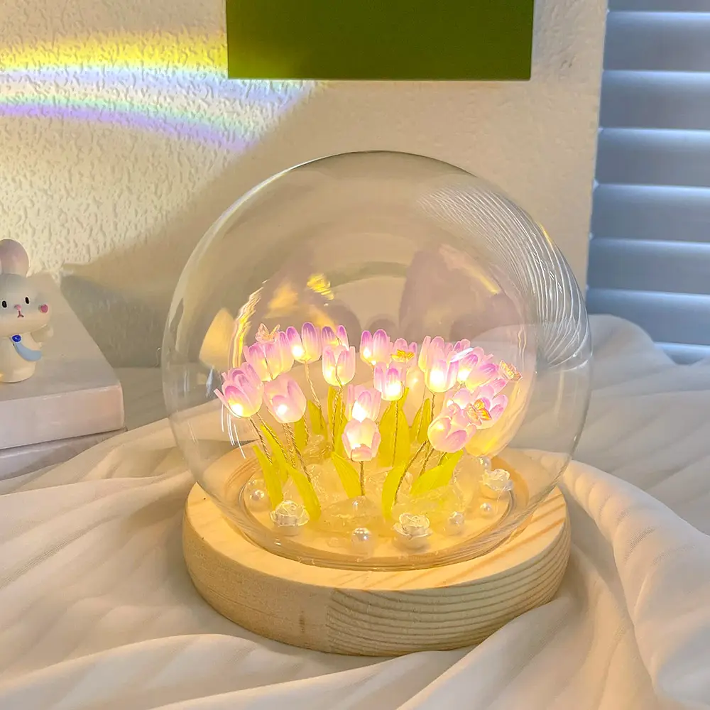 DIY Tulip Flor LED Night Light Lâmpada, Vidro Artificial Romântico Flor Quarto Decoração Lâmpada De Mesa Lamparas De Tulipanes