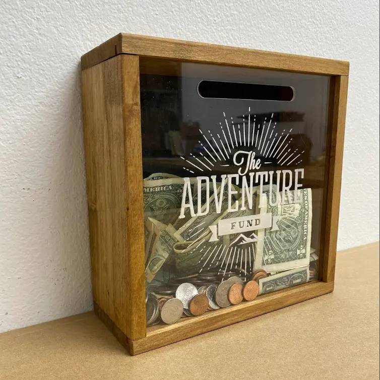 Shadow Box Caja de ahorros Hucha de madera Caja de dinero Fondo de vacaciones Hucha personalizada transparente personalizada