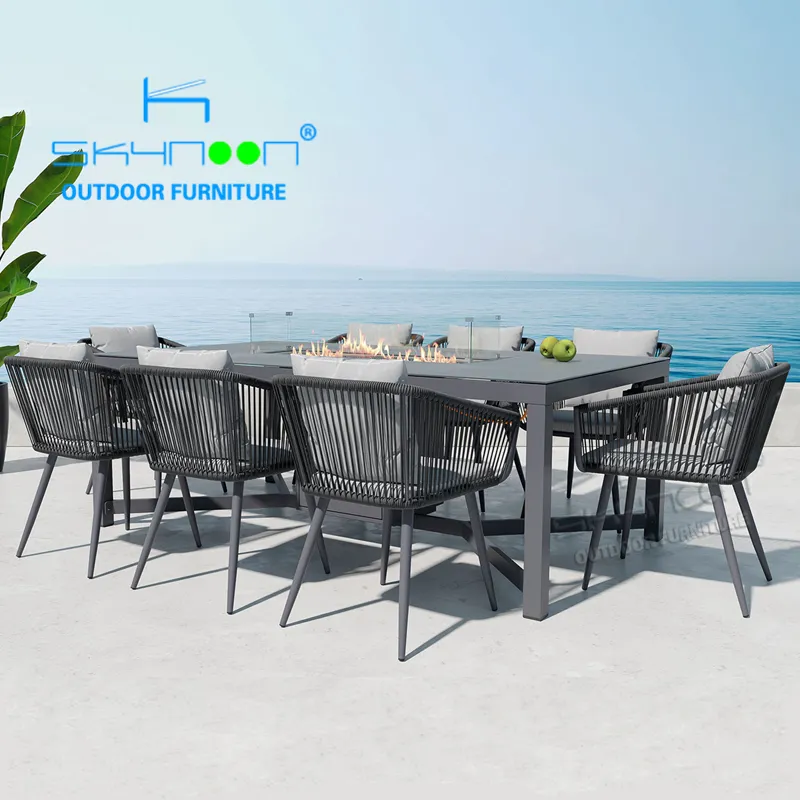 Mobília ao ar livre 9pcs que janta jogos de mesa de jantar com fogueira a gás propano para mesa e cadeiras ao ar livre do pátio (71195F)
