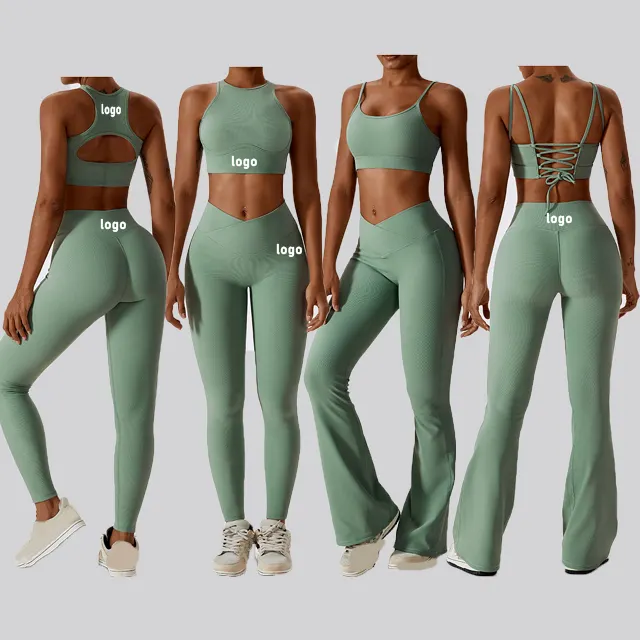 Nouveau modèle Vêtements de sport côtelés de compression extensible dans les 4 sens Pantalon de yoga évasé à taille haute Leggings Collants de gym pour femmes