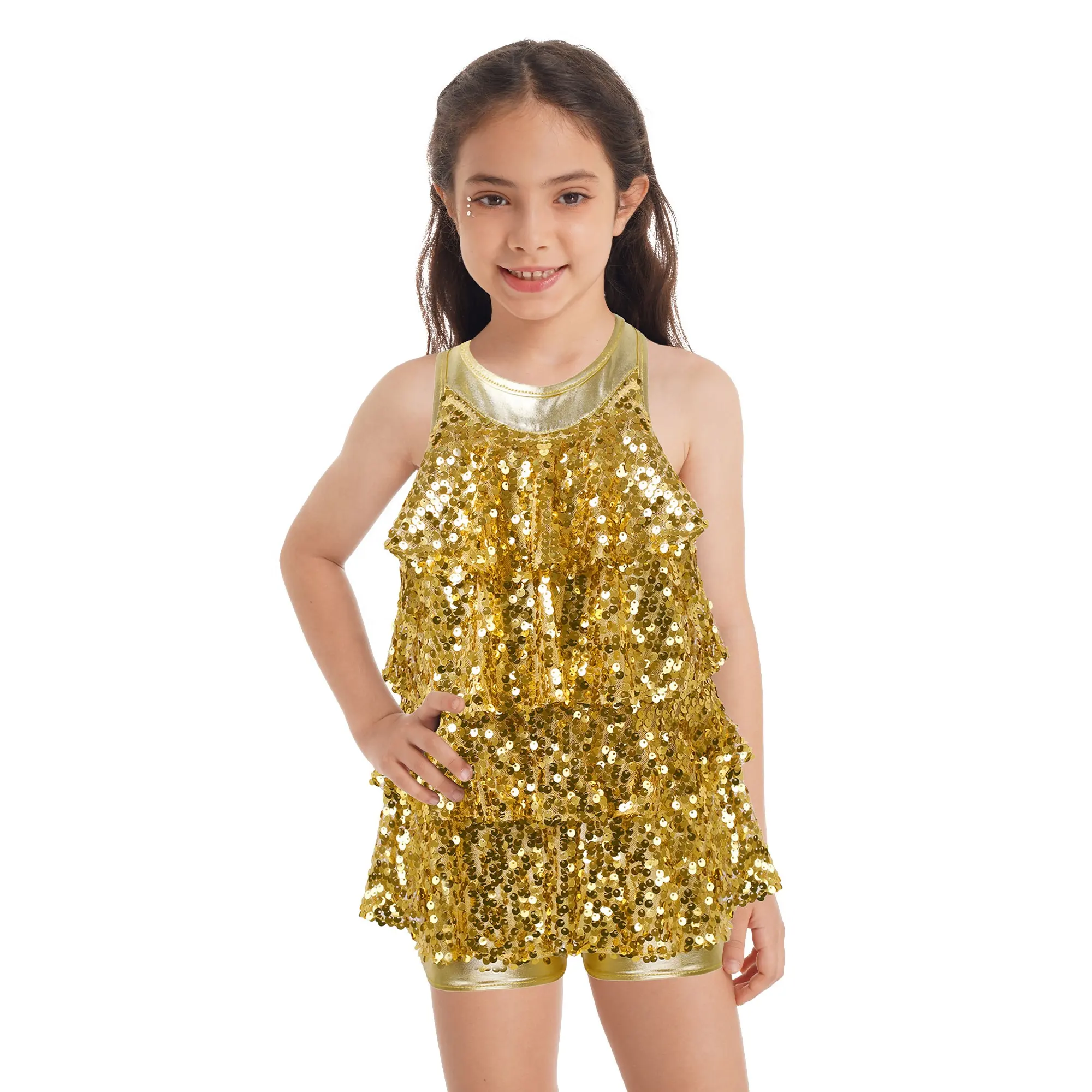 Niños Niñas Halter Lentejuelas brillantes Ballet Danza Shorty Unitard Vestido Moderno Jazz Trajes de baile latino