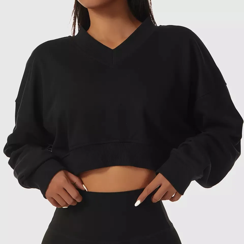 Athleisure-Top corto deportivo para mujer, camiseta de Yoga de manga larga suelta con cuello de pico elástico alto para entrenamiento