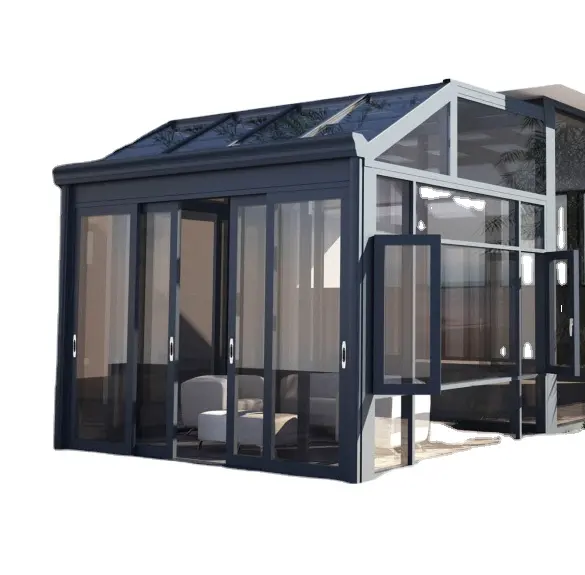 עיצוב מודרני מותאם אישית זכוכית אלומיניום גן חורף חדר שמש חיסכון באנרגיה חממת גג משופע על ידי מרפסת