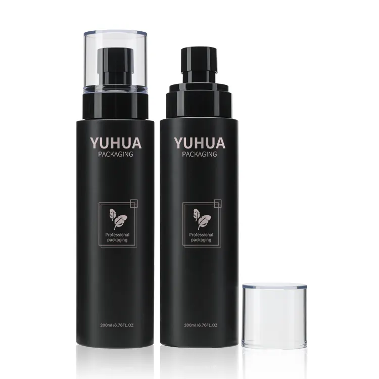 Botella de plástico para cuidado de la piel, botella de spray de niebla con cilindro reciclado, color negro, 200ml, para loción facial y cosmética