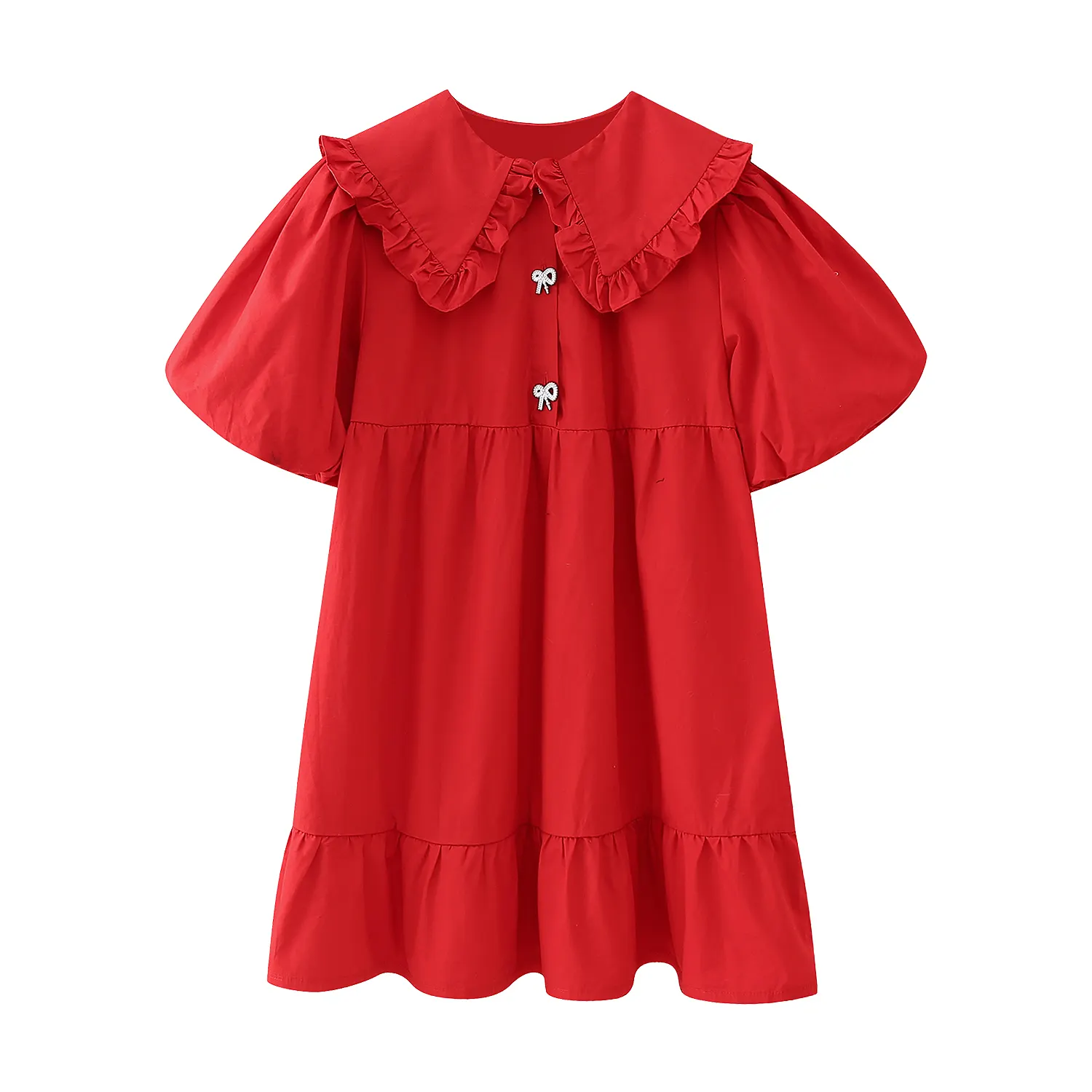 Col claudine couleur rouge manches courtes boutons mode décontractée mini robe d'été
