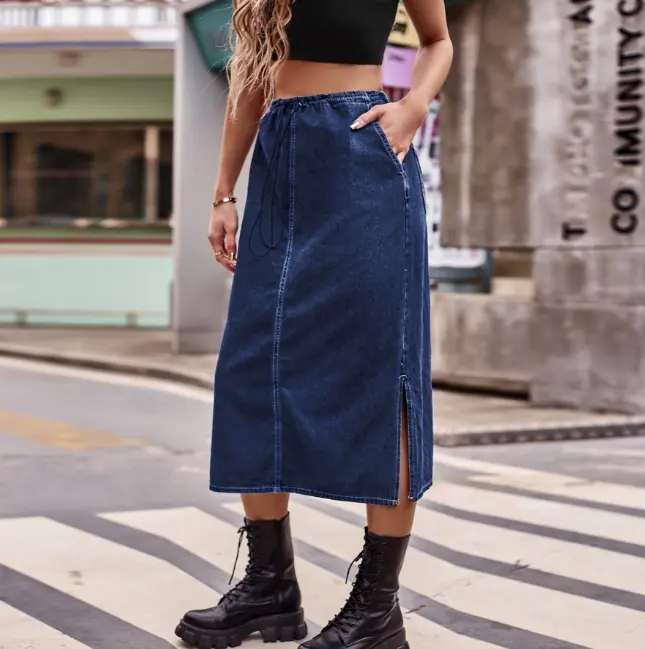 2023 Spring And Summer Women's Clothing New Fashion Street Trendy Drawstring Denim Blue Skirt